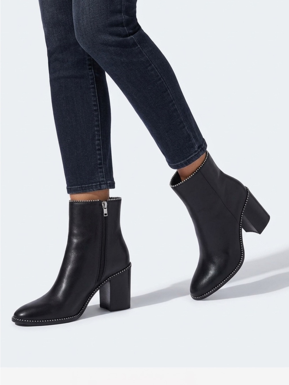 Coach Black Leather Stud-Trim Block Heel Ankle Boots